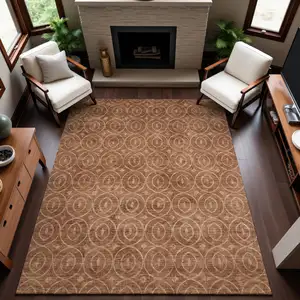 Photo of 8' Terra Cotta And Rust Geometric Washable Area Rug With UV Protection