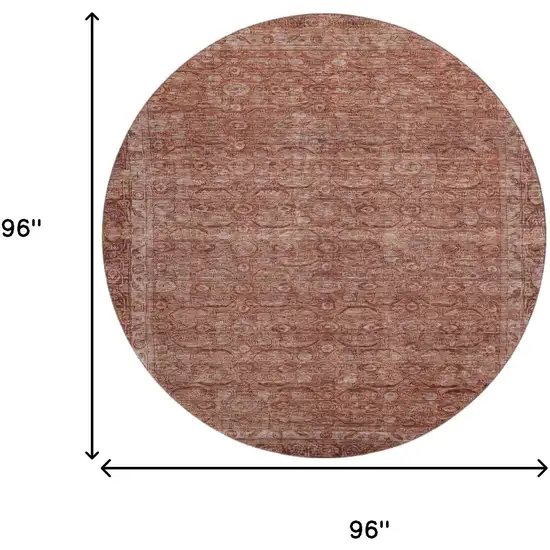 8' Terra Cotta And Rust Oriental Washable Round Rug With UV Protection Photo 9