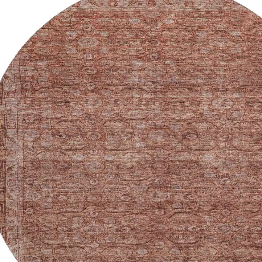 8' Terra Cotta And Rust Oriental Washable Round Rug With UV Protection Photo 2