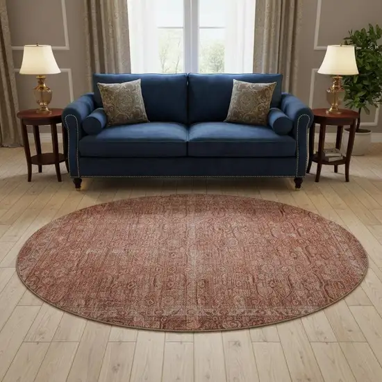 8' Terra Cotta And Rust Oriental Washable Round Rug With UV Protection Photo 2