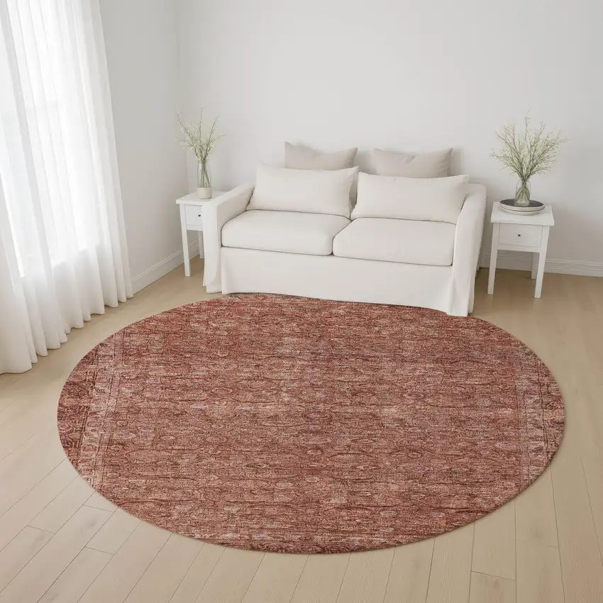 8' Terra Cotta And Rust Oriental Washable Round Rug With UV Protection Photo 4