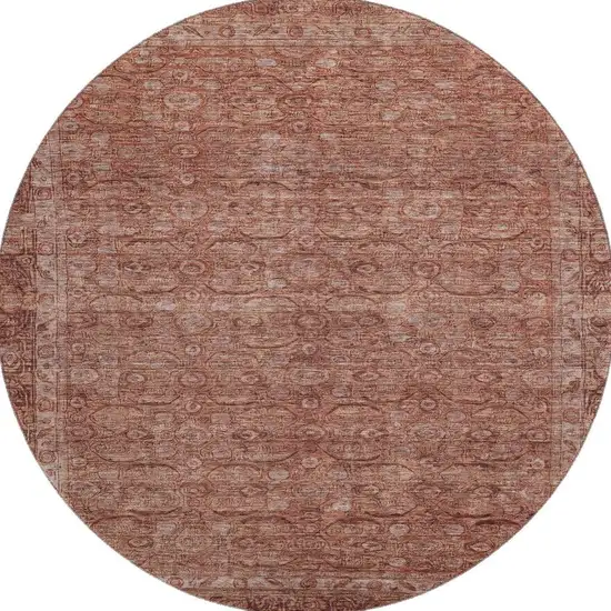 8' Terra Cotta And Rust Oriental Washable Round Rug With UV Protection Photo 3