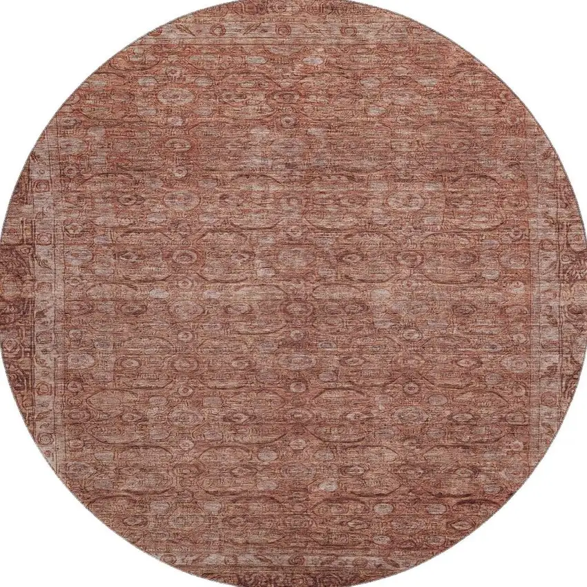 8' Terra Cotta And Rust Oriental Washable Round Rug With UV Protection Photo 3