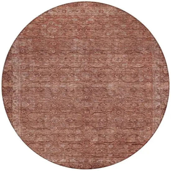 8' Terra Cotta And Rust Round Floral Washable Indoor Outdoor Area Rug Photo 4