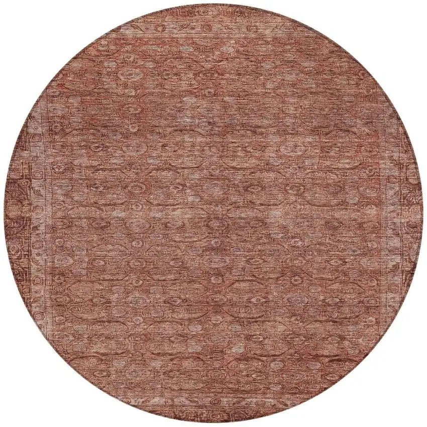 8' Terra Cotta And Rust Round Floral Washable Indoor Outdoor Area Rug Photo 4