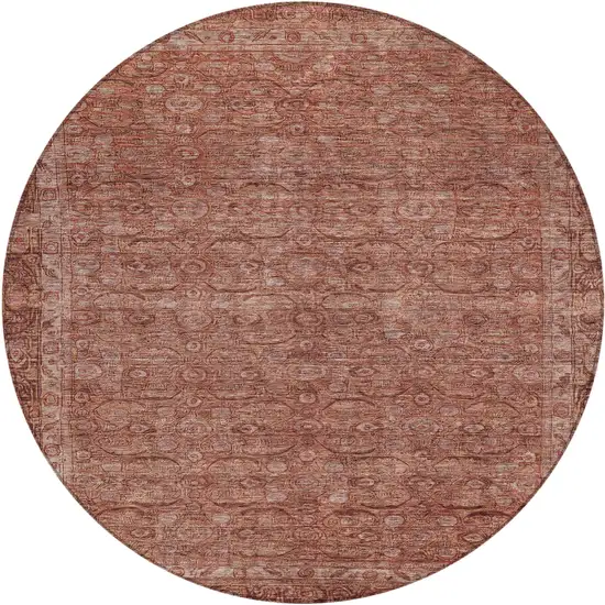 8' Terra Cotta And Rust Round Floral Washable Indoor Outdoor Area Rug Photo 1