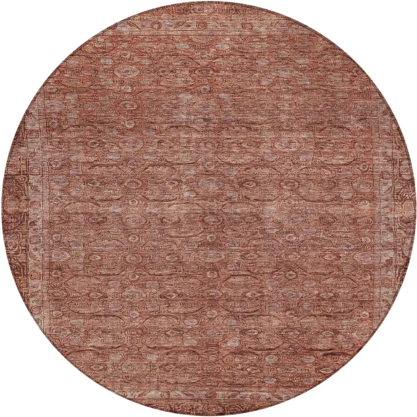 8' Terra Cotta And Rust Round Floral Washable Indoor Outdoor Area Rug Photo 1