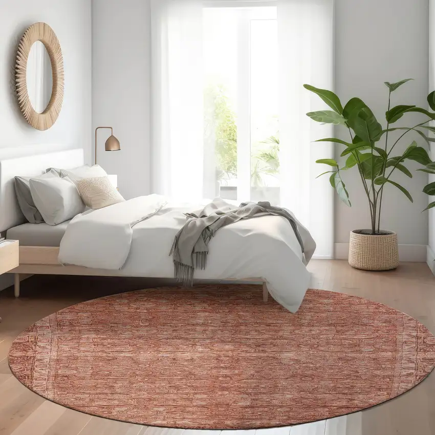 8' Terra Cotta And Rust Round Floral Washable Indoor Outdoor Area Rug Photo 7