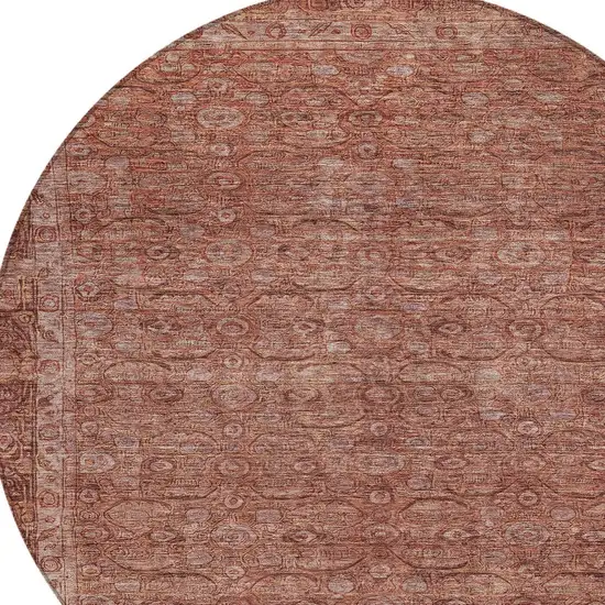 8' Terra Cotta And Rust Round Floral Washable Indoor Outdoor Area Rug Photo 9