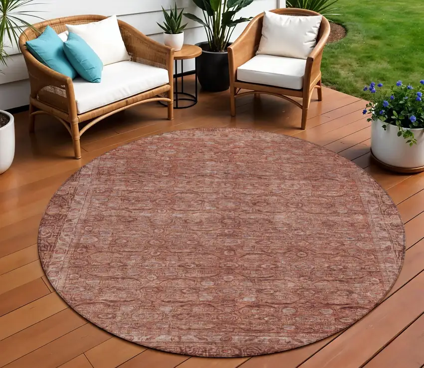8' Terra Cotta And Rust Round Floral Washable Indoor Outdoor Area Rug Photo 2