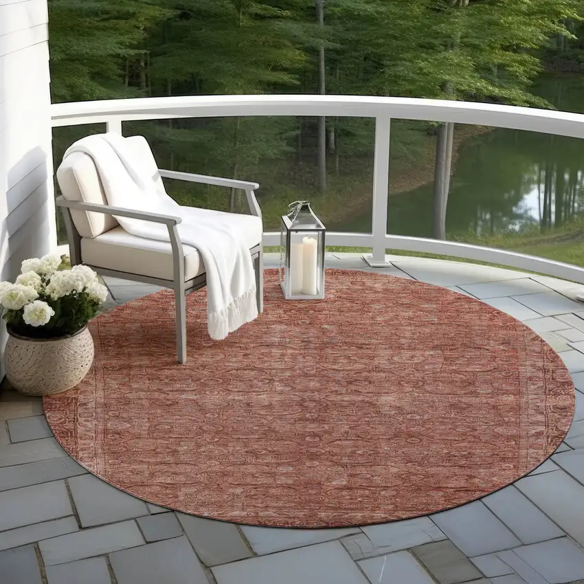 8' Terra Cotta And Rust Round Floral Washable Indoor Outdoor Area Rug Photo 6