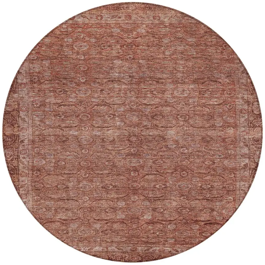 8' Terra Cotta And Rust Round Floral Washable Indoor Outdoor Area Rug Photo 3