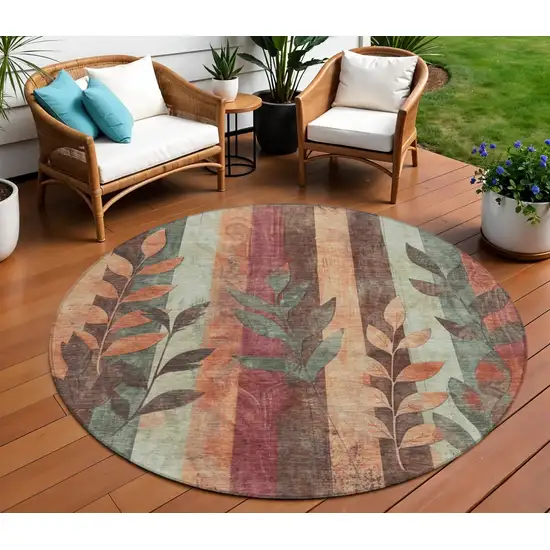 8' Terra Cotta And Sage Round Floral Washable Indoor Outdoor Area Rug Photo 2