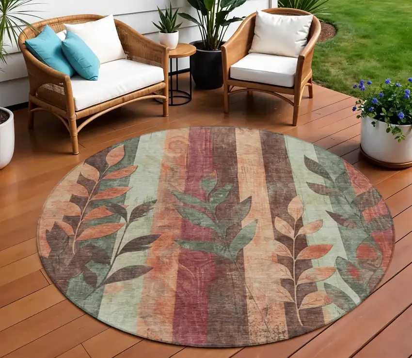 8' Terra Cotta And Sage Round Floral Washable Indoor Outdoor Area Rug Photo 2