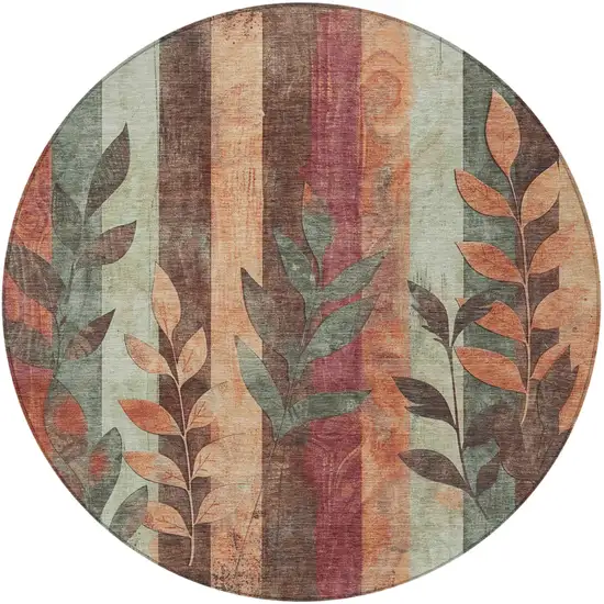 8' Terra Cotta And Sage Round Floral Washable Indoor Outdoor Area Rug Photo 4
