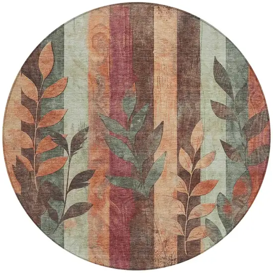 8' Terra Cotta And Sage Round Floral Washable Indoor Outdoor Area Rug Photo 3