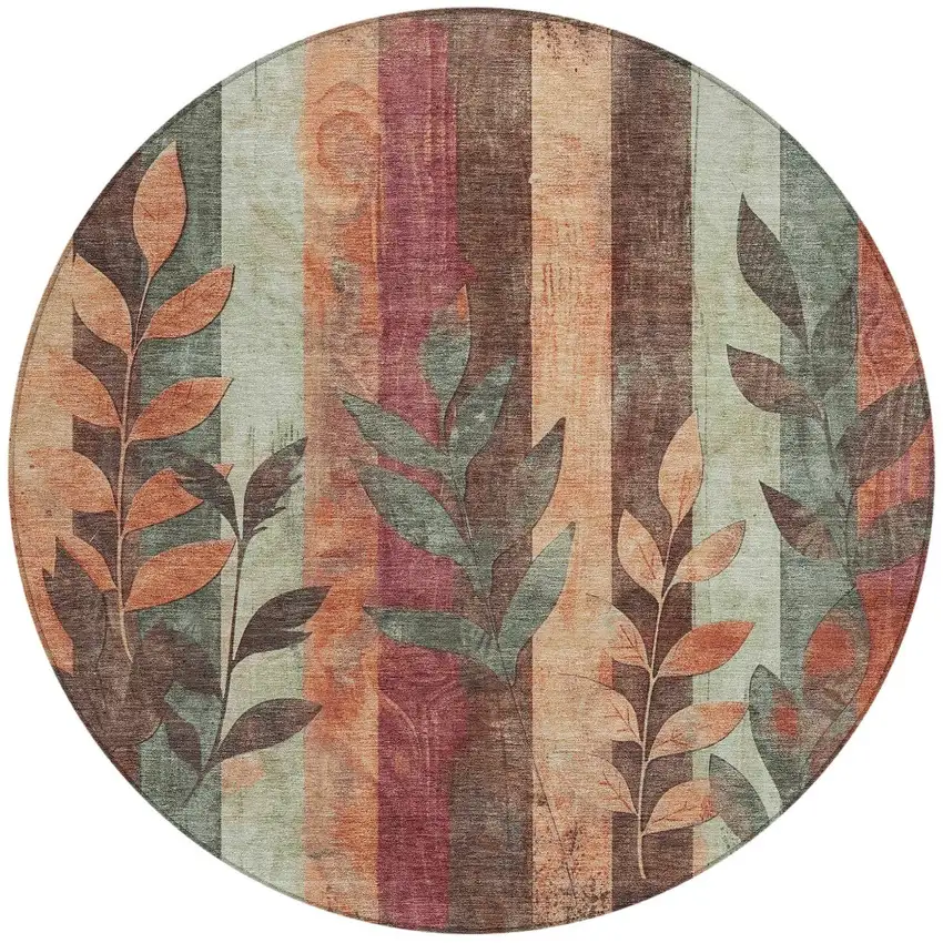 8' Terra Cotta And Sage Round Floral Washable Indoor Outdoor Area Rug Photo 3