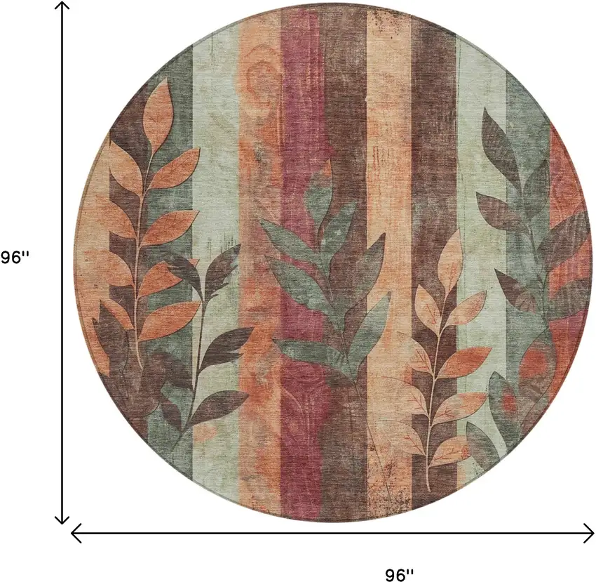 8' Terra Cotta And Sage Round Floral Washable Indoor Outdoor Area Rug Photo 8