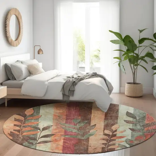 8' Terra Cotta And Sage Round Floral Washable Indoor Outdoor Area Rug Photo 7