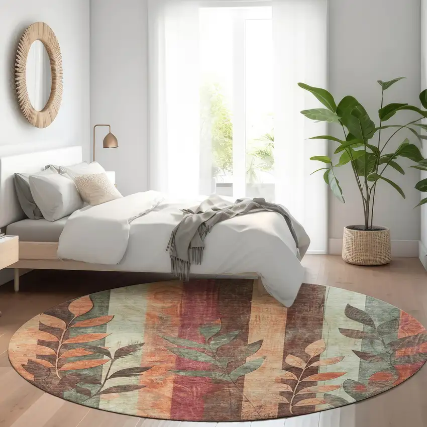 8' Terra Cotta And Sage Round Floral Washable Indoor Outdoor Area Rug Photo 7