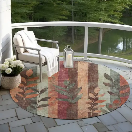 8' Terra Cotta And Sage Round Floral Washable Indoor Outdoor Area Rug Photo 6