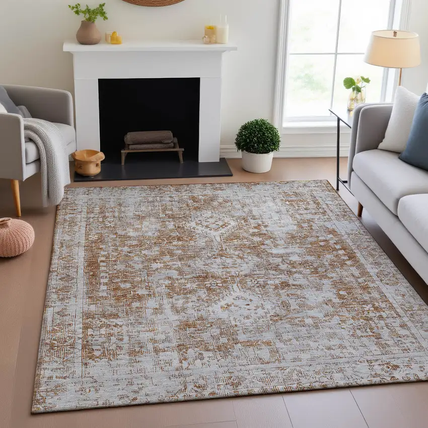 8' Terra Cotta And Silver Oriental Washable Area Rug With UV Protection Photo 4
