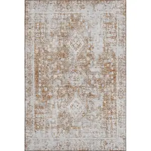 Photo of 8' Terra Cotta And Silver Oriental Washable Area Rug With UV Protection