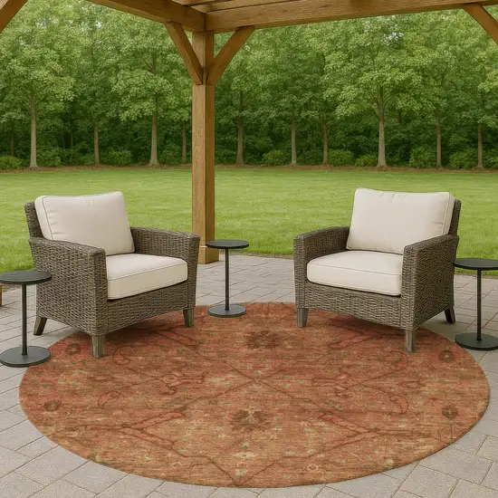 8' Terra Cotta And Taupe Round Floral Washable Indoor Outdoor Area Rug Photo 8