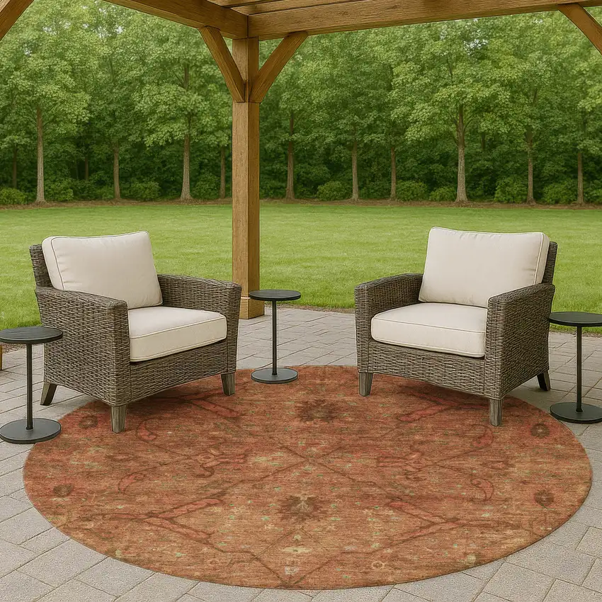 8' Terra Cotta And Taupe Round Floral Washable Indoor Outdoor Area Rug Photo 8