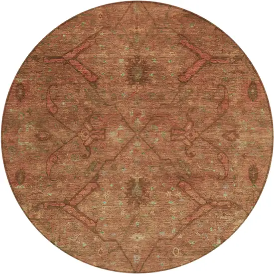8' Terra Cotta And Taupe Round Floral Washable Indoor Outdoor Area Rug Photo 2