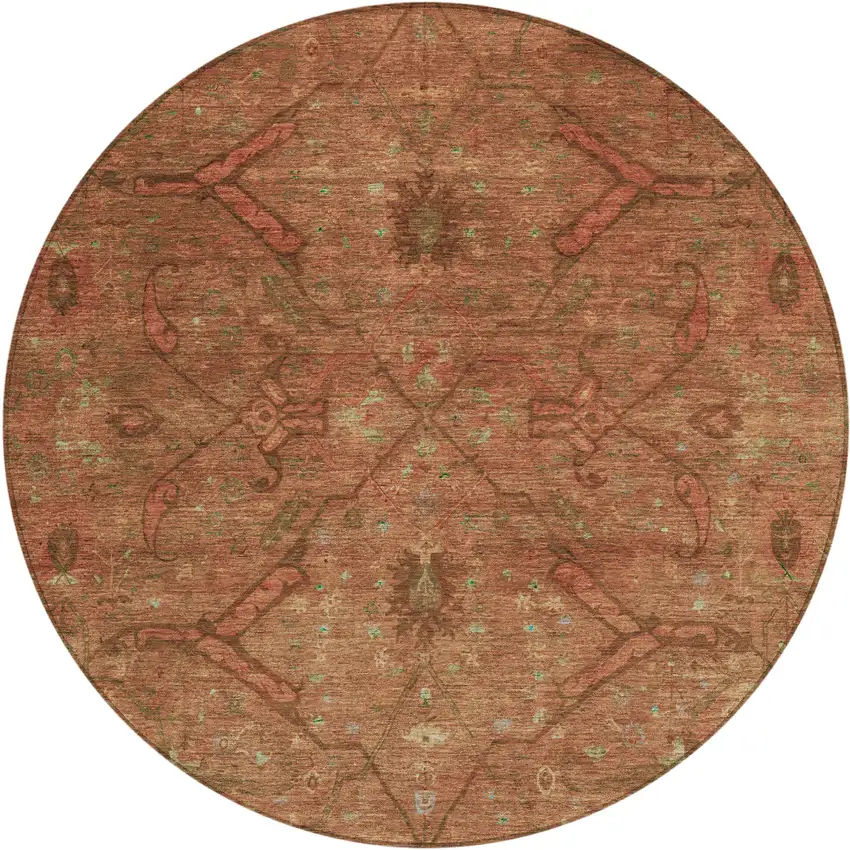 8' Terra Cotta And Taupe Round Floral Washable Indoor Outdoor Area Rug Photo 2
