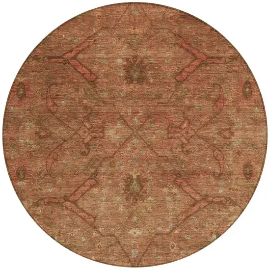 8' Terra Cotta And Taupe Round Floral Washable Indoor Outdoor Area Rug Photo 4