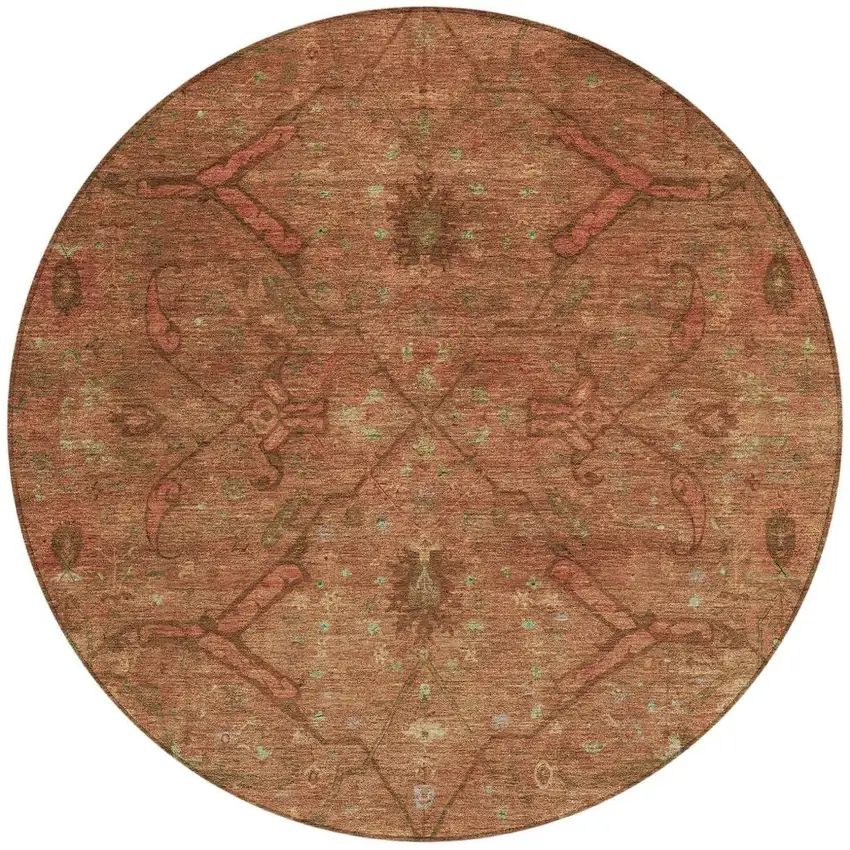 8' Terra Cotta And Taupe Round Floral Washable Indoor Outdoor Area Rug Photo 4