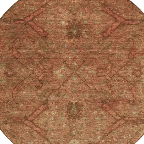 8' Terra Cotta And Taupe Round Floral Washable Indoor Outdoor Area Rug Photo 6