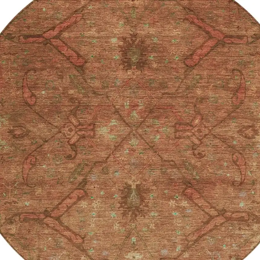 8' Terra Cotta And Taupe Round Floral Washable Indoor Outdoor Area Rug Photo 6