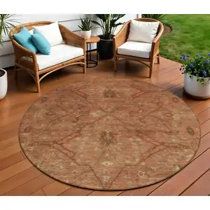 Photo of 8' Terra Cotta And Taupe Round Floral Washable Indoor Outdoor Area Rug