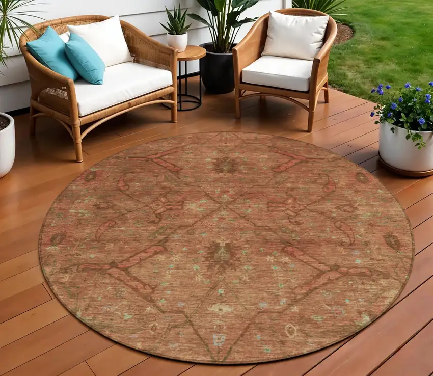 8' Terra Cotta And Taupe Round Floral Washable Indoor Outdoor Area Rug Photo 1