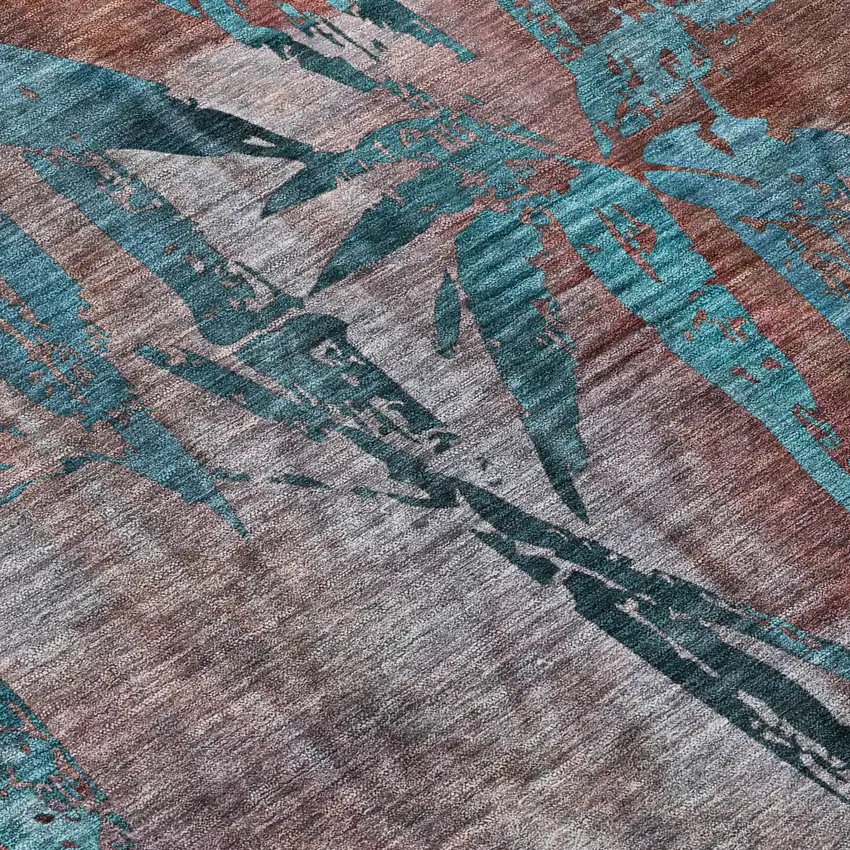 8' Terra Cotta And Teal Blue Round Botanical Leaves Washable Indoor Outdoor Area Rug Photo 7