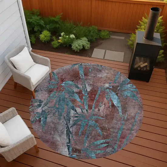 8' Terra Cotta And Teal Blue Round Botanical Leaves Washable Indoor Outdoor Area Rug Photo 9