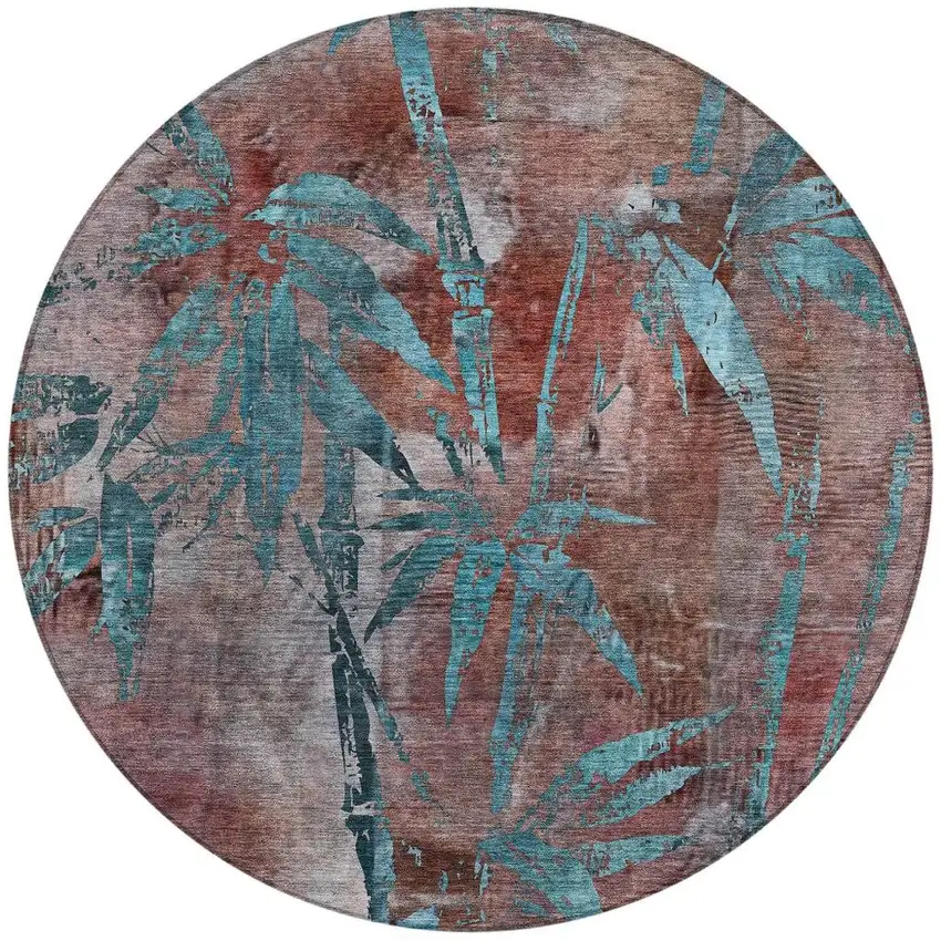 8' Terra Cotta And Teal Blue Round Botanical Leaves Washable Indoor Outdoor Area Rug Photo 4