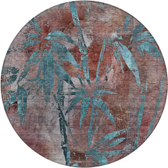 8' Terra Cotta And Teal Blue Round Botanical Leaves Washable Indoor Outdoor Area Rug Photo 2