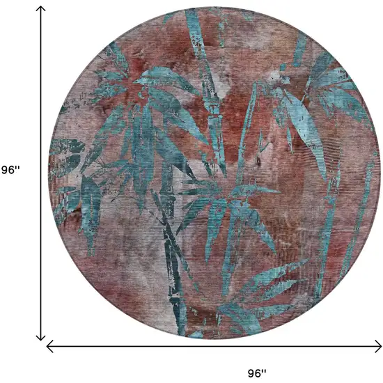 8' Terra Cotta And Teal Blue Round Botanical Leaves Washable Indoor Outdoor Area Rug Photo 3
