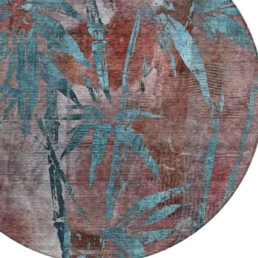 8' Terra Cotta And Teal Blue Round Botanical Leaves Washable Indoor Outdoor Area Rug Photo 6