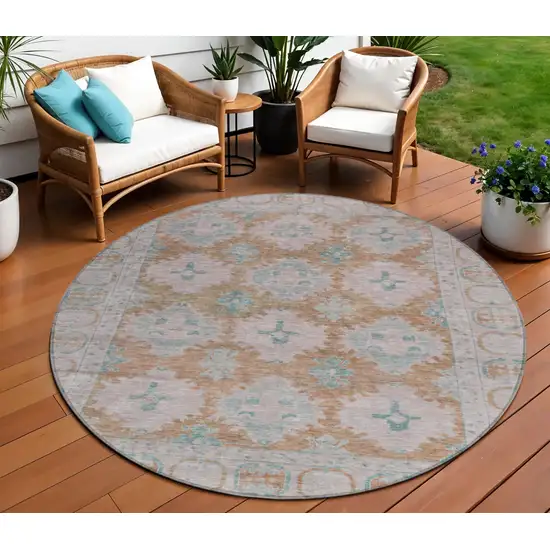 8' Terra Cotta And Teal Blue Round Damask Washable Indoor Outdoor Area Rug Photo 2