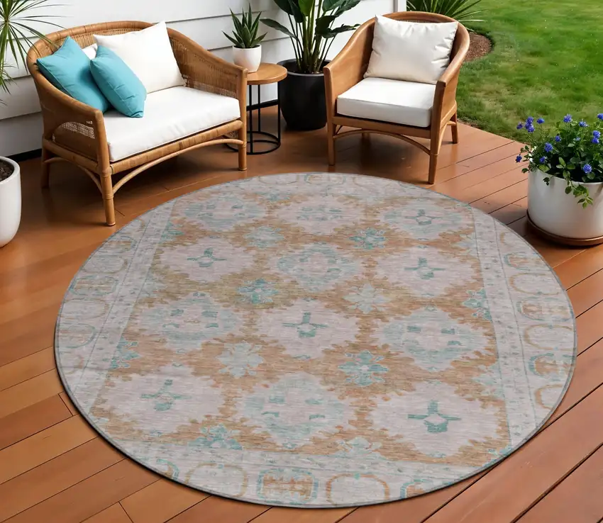 8' Terra Cotta And Teal Blue Round Damask Washable Indoor Outdoor Area Rug Photo 2