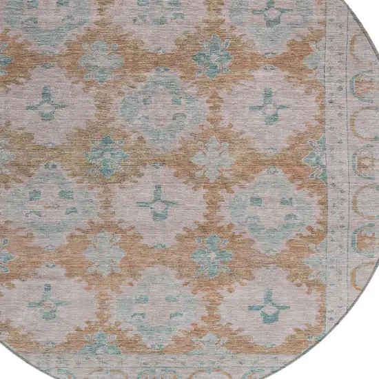 8' Terra Cotta And Teal Blue Round Damask Washable Indoor Outdoor Area Rug Photo 8