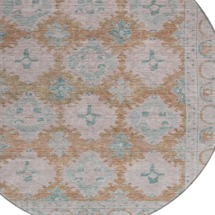 8' Terra Cotta And Teal Blue Round Damask Washable Indoor Outdoor Area Rug Photo 8