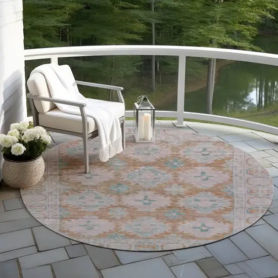 8' Terra Cotta And Teal Blue Round Damask Washable Indoor Outdoor Area Rug Photo 5