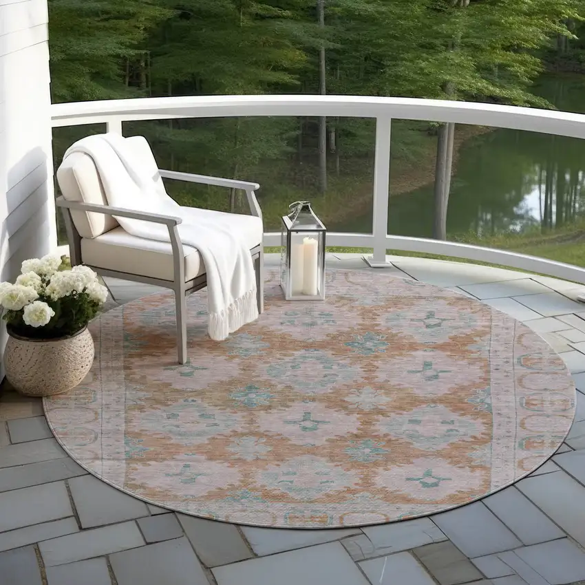 8' Terra Cotta And Teal Blue Round Damask Washable Indoor Outdoor Area Rug Photo 5