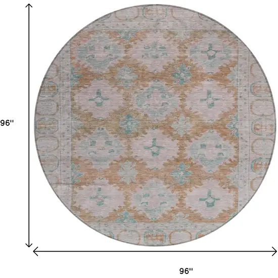 8' Terra Cotta And Teal Blue Round Damask Washable Indoor Outdoor Area Rug Photo 9